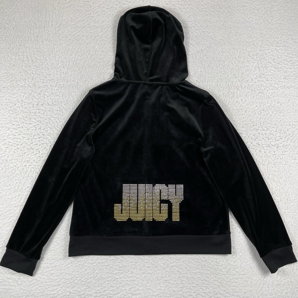 Juicy Couture Sweatshirt Womens Large Black Zip Hoodie Bling Spellout Y2K Velour